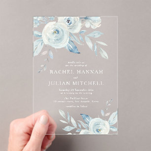 Elegant dusty blue watercolor floral wedding acrylic invitations