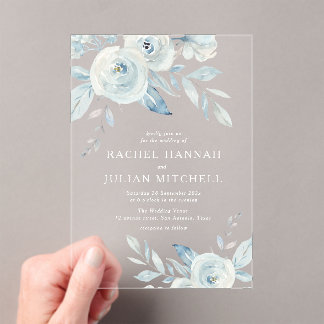 Elegant dusty blue watercolor floral wedding acrylic invitations
