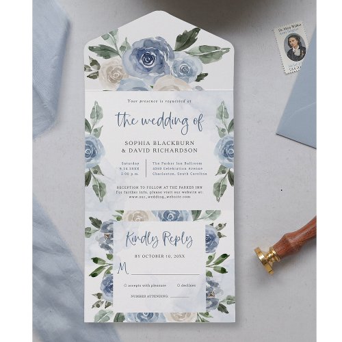 Elegant Dusty Blue Watercolor Floral Wedding All In One Invitation