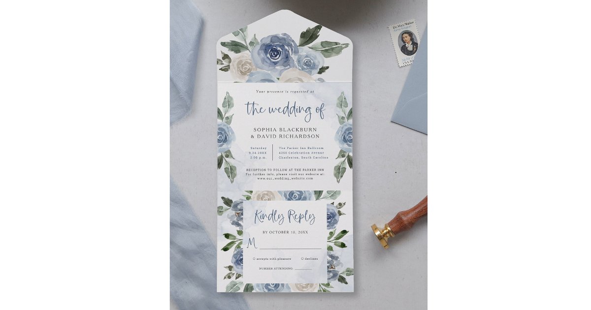 Elegant Dusty Blue Watercolor Floral Wedding All In One Invitation | Zazzle