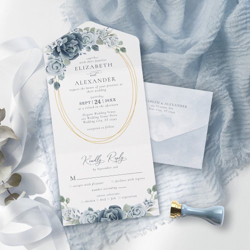Elegant Dusty Blue Watercolor Floral Wedding All In One Invitation