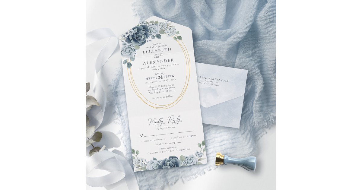 Elegant Dusty Blue Watercolor Floral Wedding All In One Invitation | Zazzle