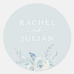 elegant dusty blue watercolor floral wedding classic round sticker