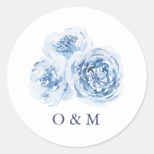 Elegant dusty blue watercolor floral wedding classic round sticker