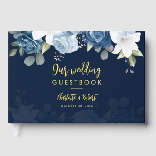 Elegant Dusty Blue Watercolor Floral Wedding Foil Guest Book