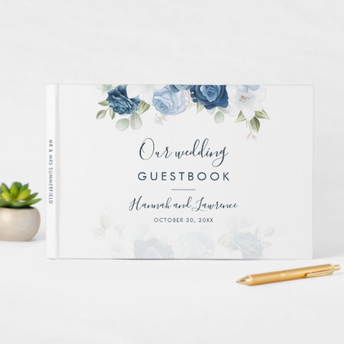 Elegant Dusty Blue Watercolor Floral Wedding Guest Book