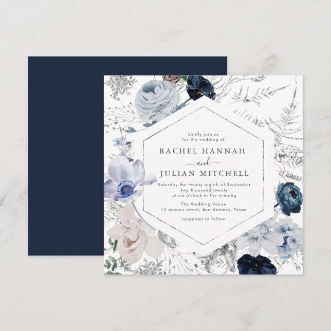 Elegant dusty blue watercolor floral wedding invitation (Front/Back)