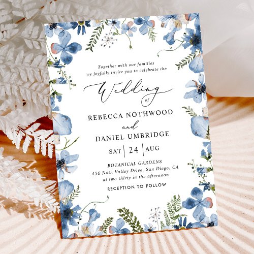 Elegant Dusty Blue Watercolor Floral Wedding Invitation