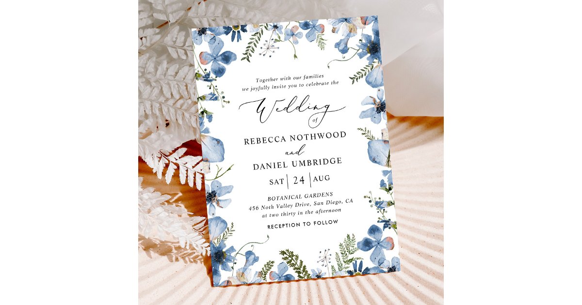 Elegant Dusty Blue Watercolor Floral Wedding Invitation | Zazzle