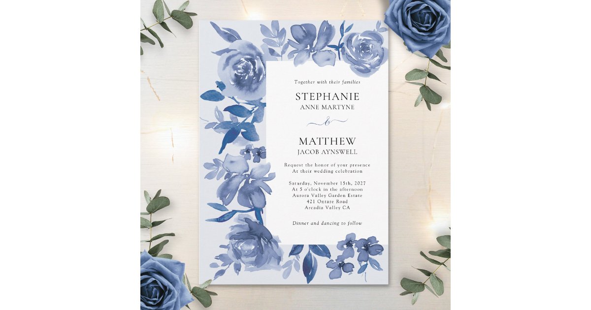 Elegant Dusty Blue Watercolor Floral Wedding Invitation | Zazzle