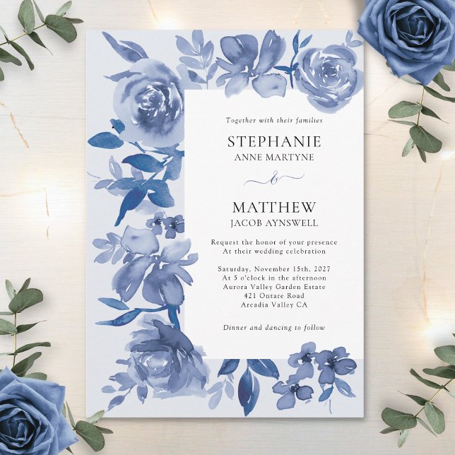 Elegant Dusty Blue Watercolor Floral Wedding Invitation (Creator Uploaded)