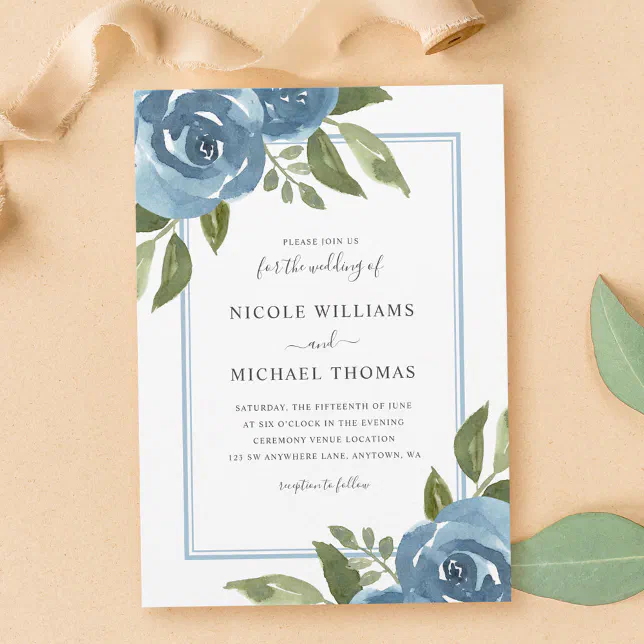 Elegant Dusty Blue Watercolor Floral Wedding Invitation | Zazzle
