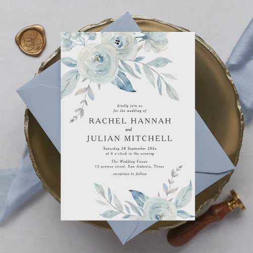 Elegant dusty blue watercolor floral wedding invitation