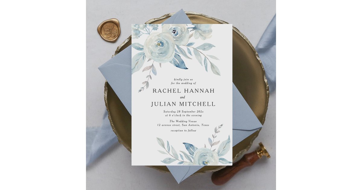 Elegant dusty blue watercolor floral wedding invitation | Zazzle