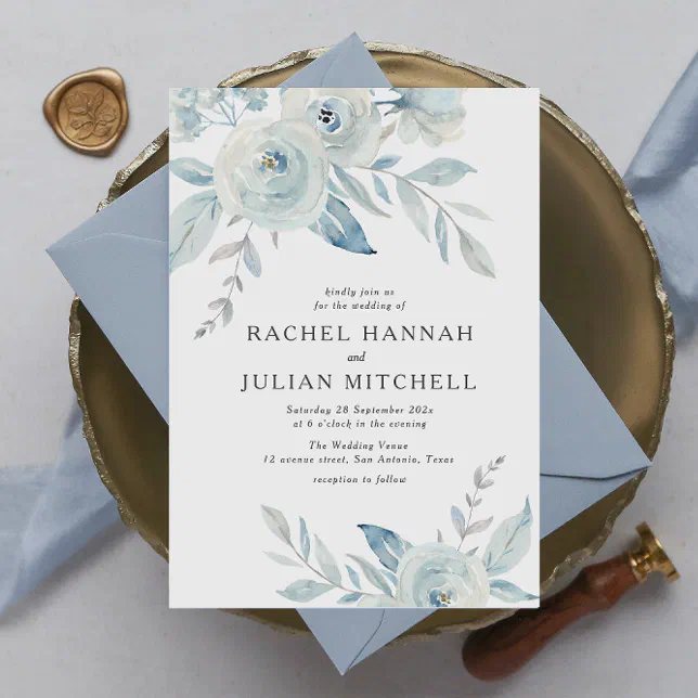 Elegant dusty blue watercolor floral wedding invitation | Zazzle