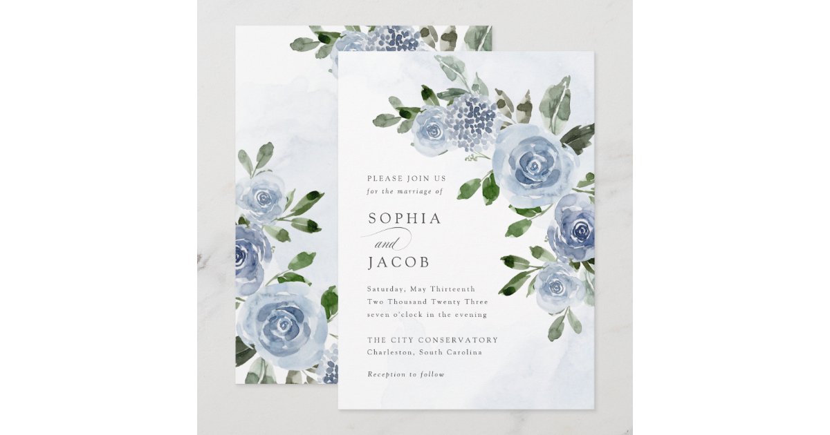 Elegant Dusty Blue Watercolor Floral Wedding Invitation | Zazzle