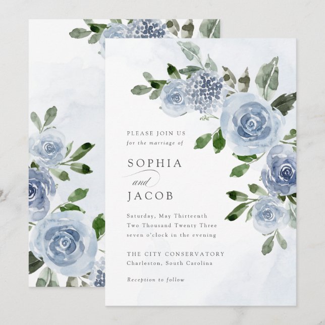 Elegant Dusty Blue Watercolor Floral Wedding Invitation (Front/Back)