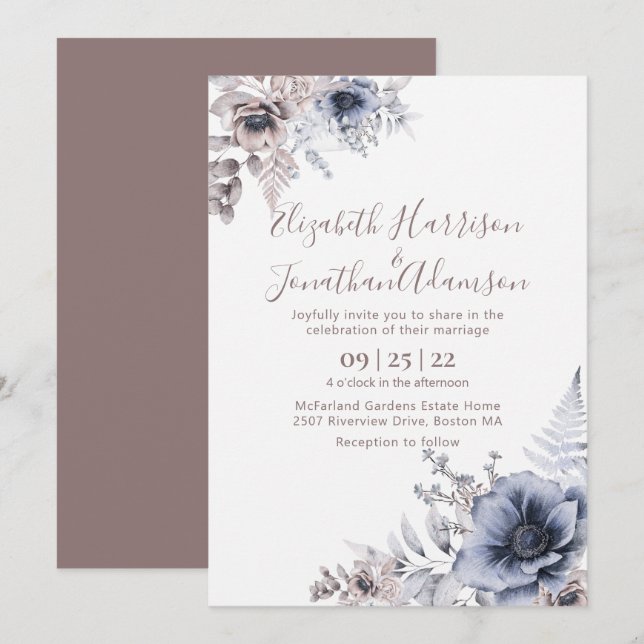 Elegant Dusty Blue Watercolor Floral Wedding Invitation (Front/Back)