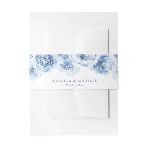 Elegant dusty blue watercolor floral wedding invitation belly band