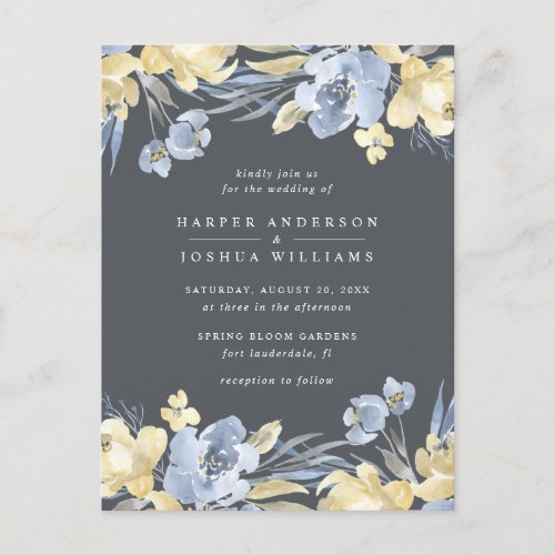 Elegant Dusty Blue Watercolor Floral Wedding Invitation Postcard