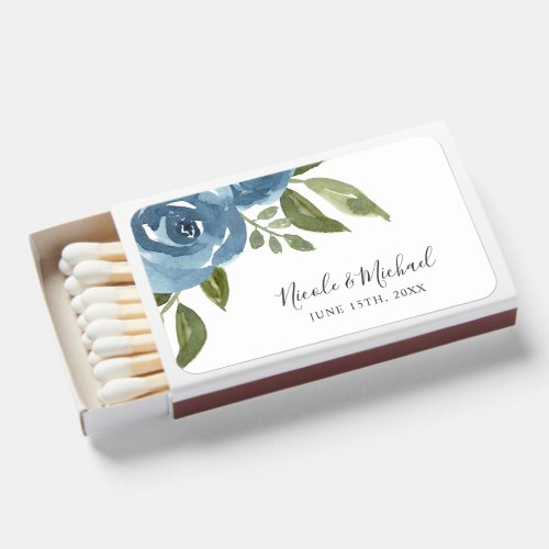 Elegant Dusty Blue Watercolor Floral Wedding Matchboxes