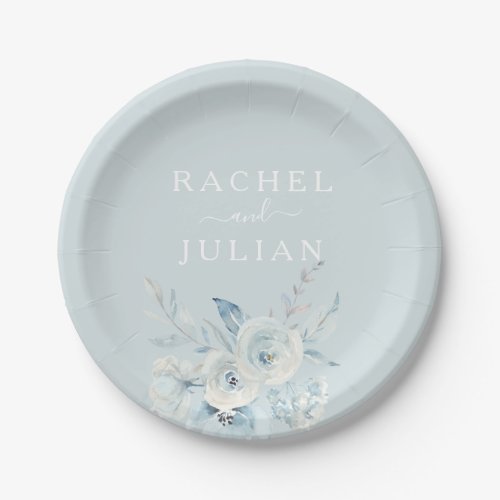 elegant dusty blue watercolor floral wedding  paper plates