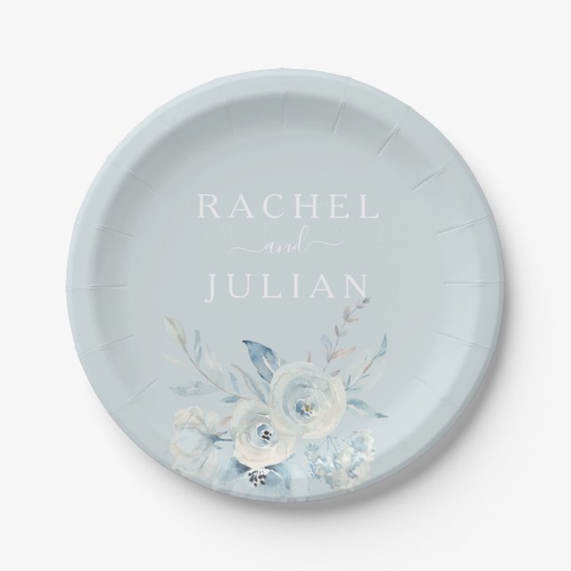 elegant dusty blue watercolor floral wedding  paper plates (Front)