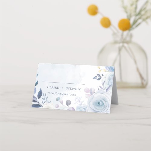 Elegant Dusty Blue Watercolor Floral Wedding Party Place Card