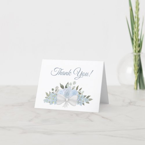 Elegant Dusty Blue Watercolor Floral Wedding Photo Thank You Card