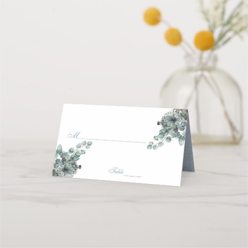 Elegant Dusty Blue Watercolor Floral Wedding Place Card
