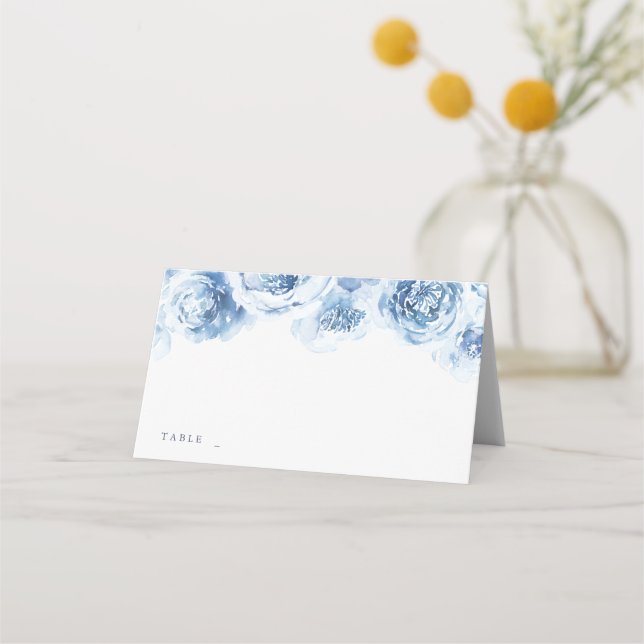 Elegant dusty blue watercolor floral wedding place card (Front)