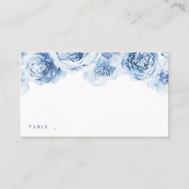 Elegant dusty blue watercolor floral wedding place card (Front)