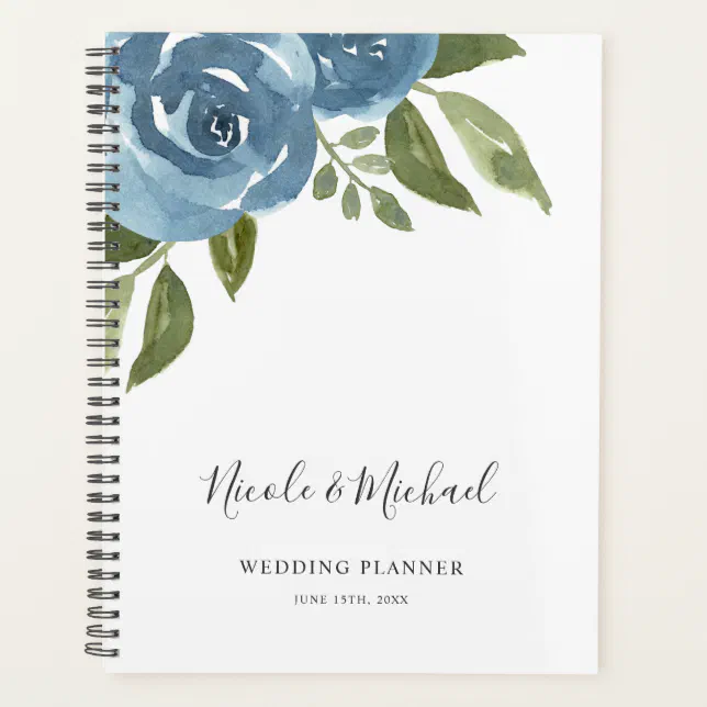 Elegant Dusty Blue Watercolor Floral Wedding Planner | Zazzle