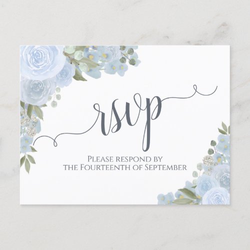 Elegant Dusty Blue Watercolor Floral Wedding RSVP Postcard