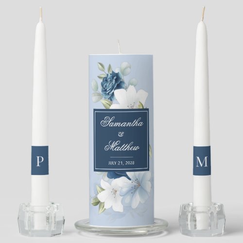 Elegant Dusty Blue Watercolor Floral Wedding Unity Candle Set