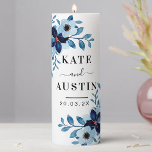 Elegant Dusty Blue Watercolor Flower Bouquet Pillar Candle