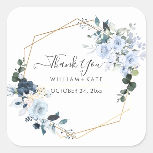 Elegant Dusty Blue Watercolor Flowers Thank You Square Sticker