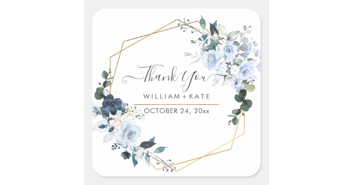 Elegant Dusty Blue Watercolor Flowers Thank You Square Sticker | Zazzle