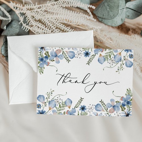 Elegant Dusty Blue Watercolor Flowers Wedding Thank You Card
