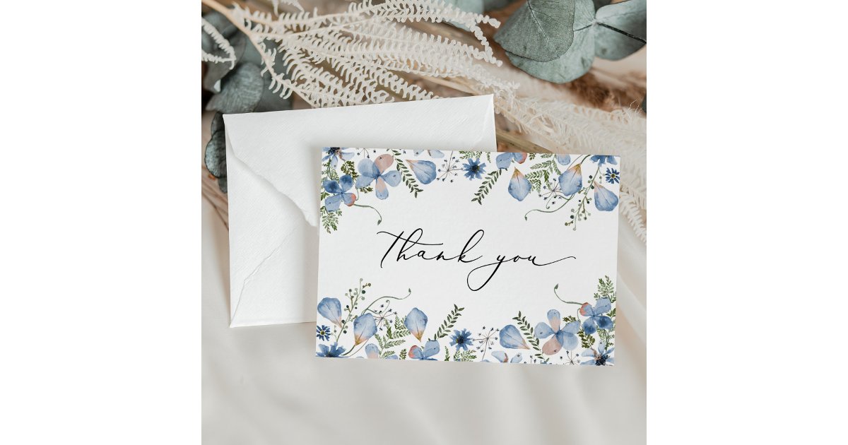 Elegant Dusty Blue Watercolor Flowers Wedding Thank You Card | Zazzle