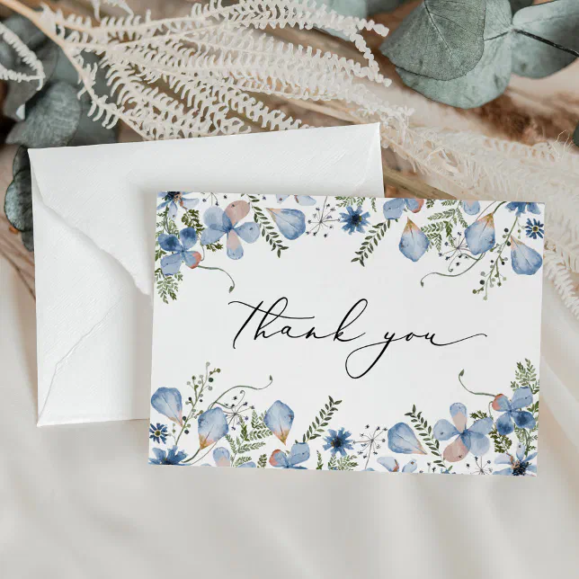 Elegant Dusty Blue Watercolor Flowers Wedding Thank You Card | Zazzle