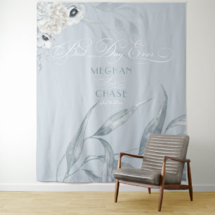 Elegant Dusty Blue Watercolor Foliage and Flowers Tapestry