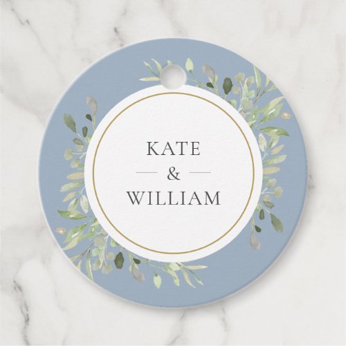 Elegant Dusty Blue Watercolor Greenery Wedding Favor Tags