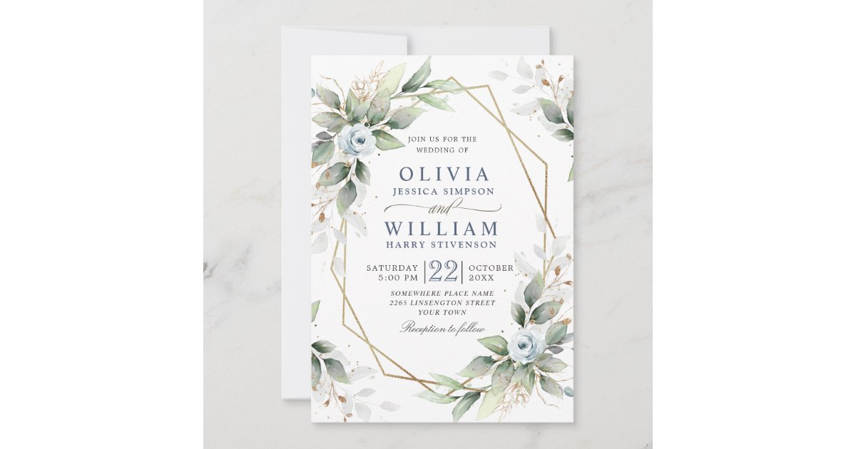 Elegant Dusty Blue Watercolor Greenery Wedding Invitation | Zazzle
