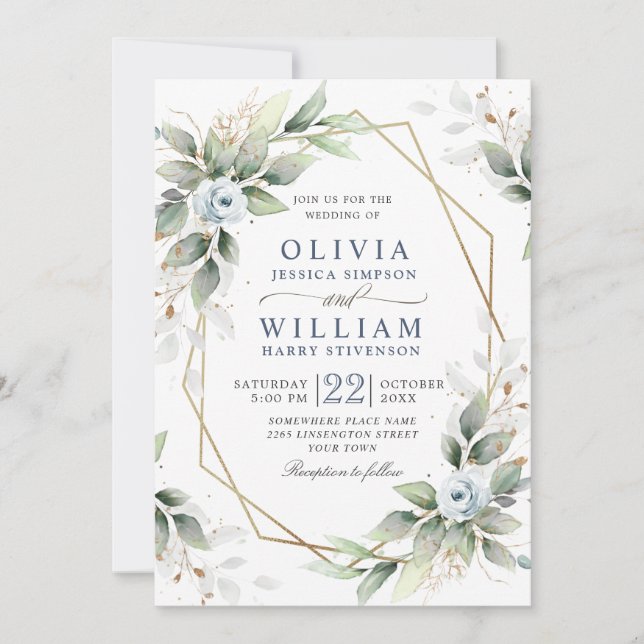 Elegant Dusty Blue Watercolor Greenery Wedding Invitation (Front)