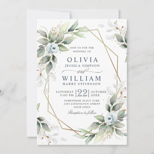 Elegant Dusty Blue Watercolor Greenery Wedding Invitation | Zazzle