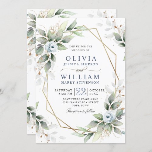 Elegant Dusty Blue Watercolor Greenery Wedding Invitation