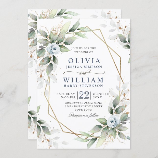 Elegant Dusty Blue Watercolor Greenery Wedding Invitation (Front/Back)