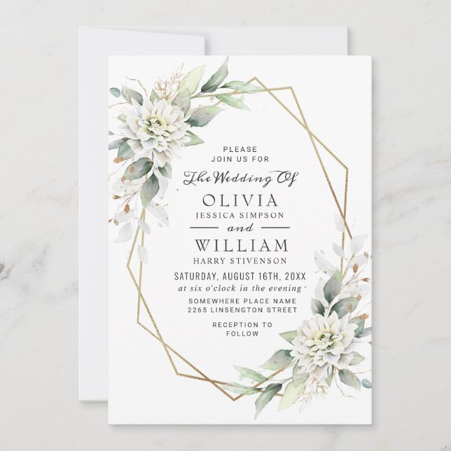 Elegant Dusty Blue Watercolor Greenery Wedding Invitation (Front)