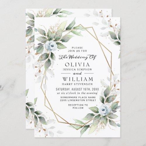 Elegant Dusty Blue Watercolor Greenery Wedding Invitation